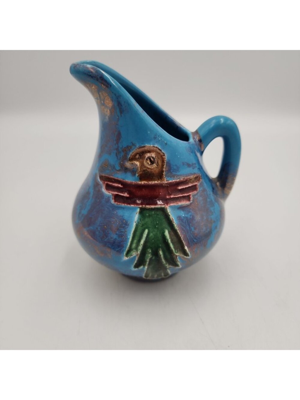 Vintage Blue Native American Ceramic Glaze Bird Pitcher Creamer NM Pottery 4"
